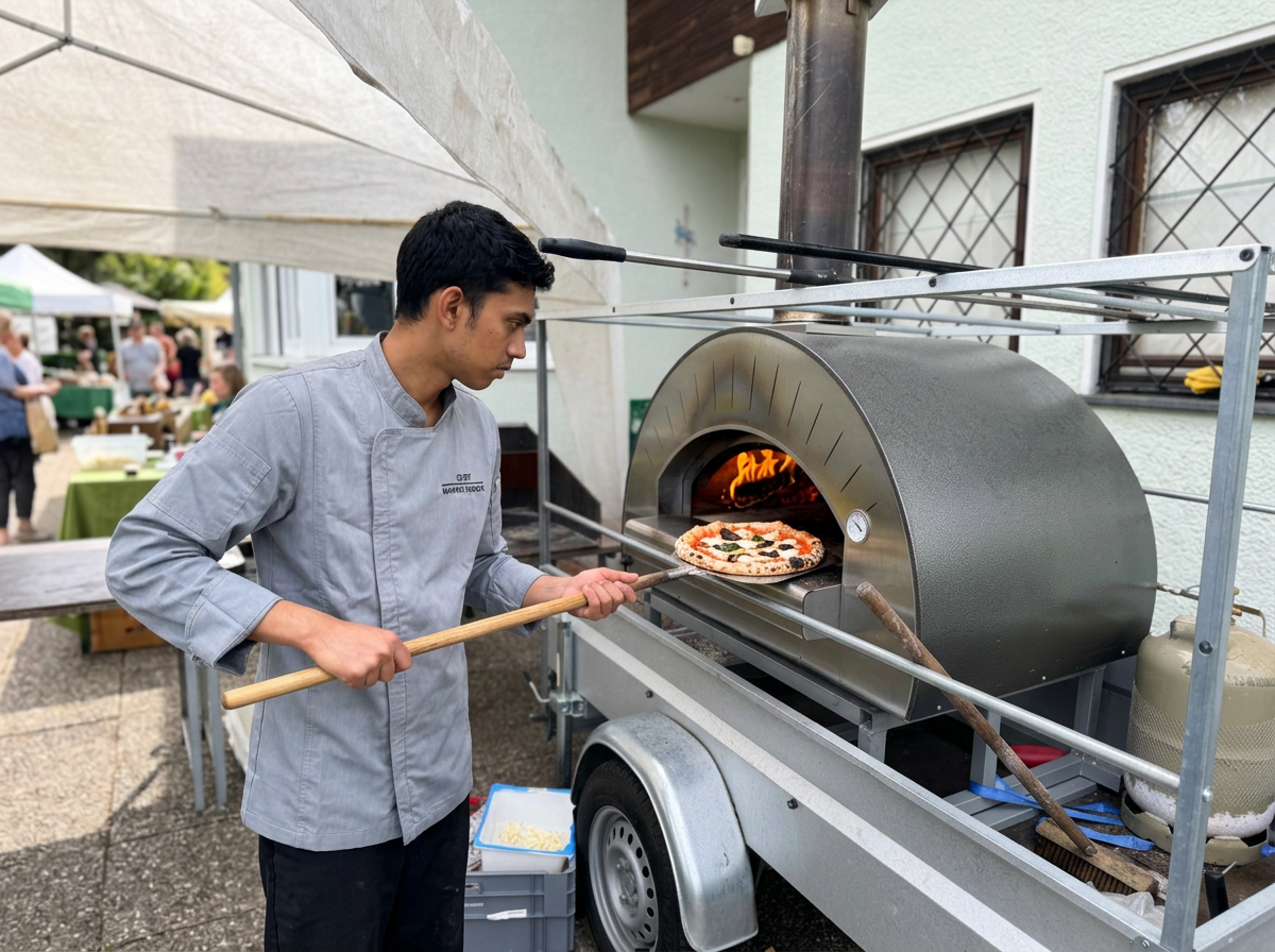 Chef Manoj baking pizza in the mobile wood-fired oven